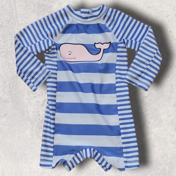 VINEYARD VINES BLUE AND WHITE STRIPED WHALE ONE-PIECE RASHGUARD SWIMSUIT - Picture 1 of 10